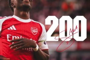萨卡迎阿森纳生涯200场英超里程碑之战，此前贡献54球51助攻